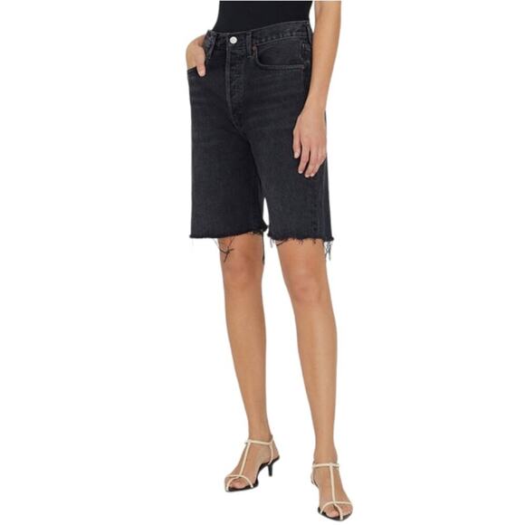 Agolde 90s Short Denim Bermuda Shorts in Fallen Black Raw Hem - Picture 1 of 9